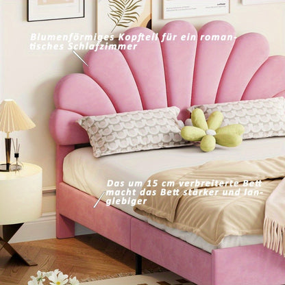 Tweepersoonsbed – Bedframe – Slaapbank – Logeerbed – Bed 140x200 cm – Roze Velours Stoffering – Gevlochten Lattenbodem