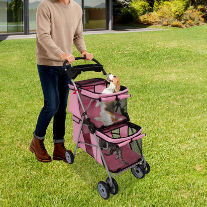 55*69*101cm Double-Tier Pet Stroller - Foldable, Durable Aluminum & Polyester Construction, Spacious Design with 4-Wheel Mobility, Easy to Use for Small & Medium Dogs