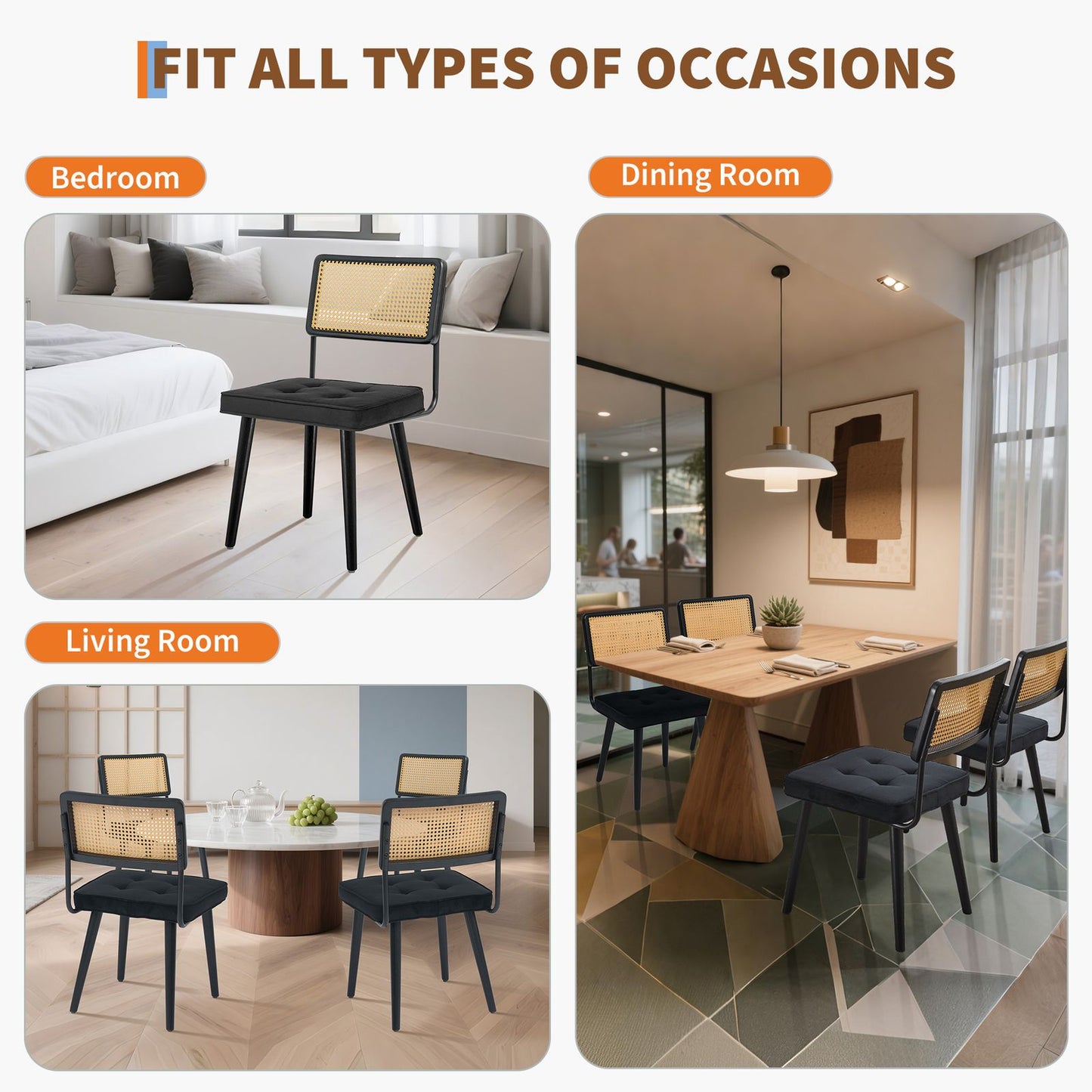 Eetkamerstoelen – Stoelen – Dining Chairs – Zetels – Zitmeubels – Set van 2 Zwarte Mid-Century Modern Boho Stoelen – Houten Frame Met Natuurlijke Rattan Rugleuning – Comfortabele Gestoffeerde Katoenzitting