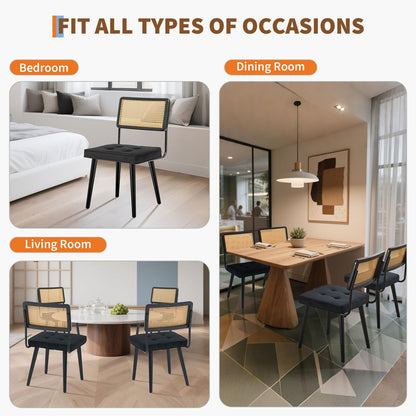 Eetkamerstoelen – Stoelen – Dining Chairs – Zetels – Zitmeubels – Set van 2 Zwarte Mid-Century Modern Boho Stoelen – Houten Frame Met Natuurlijke Rattan Rugleuning – Comfortabele Gestoffeerde Katoenzitting