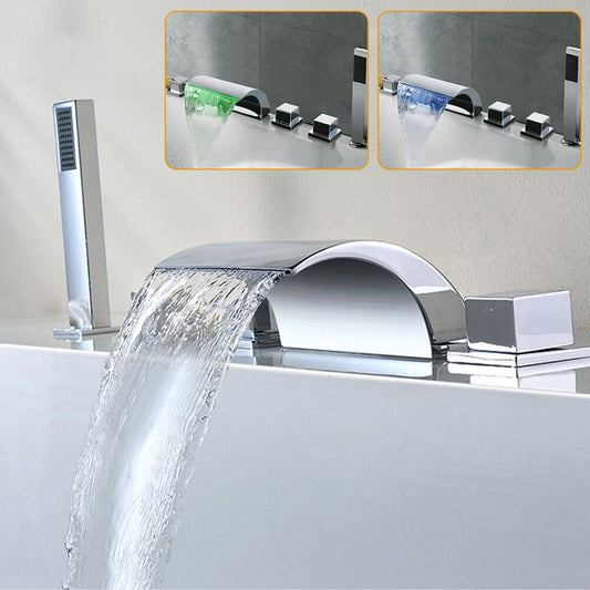 CNCEST Dual-Function Waterfall Shower Set - 5-Hole Deck Mount Basin Faucet with Handheld Spray, Ceramic Valve & Chrome Finish, Classic Design for Bathroom & Kitchen, No Electricity Needed, Waterfall Shower Head, Elegant Bathroom Accessory, Durable Bathroo
