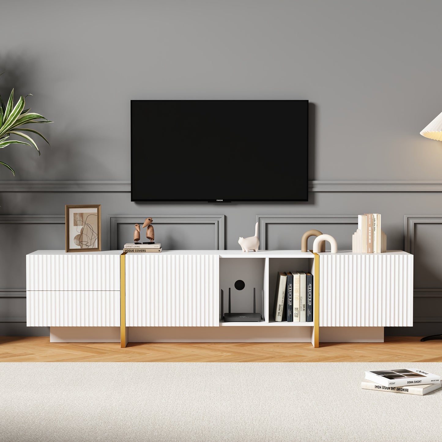 TV-Meubel – Tv Kast – Mediameubel – Entertainmentmeubel – Tv Console – Modern Wit Met Gele Accenten – Geschikt Voor Tv’s Tot 80 Inch – Ruime Opbergruimte 190x35x45,5 cm
