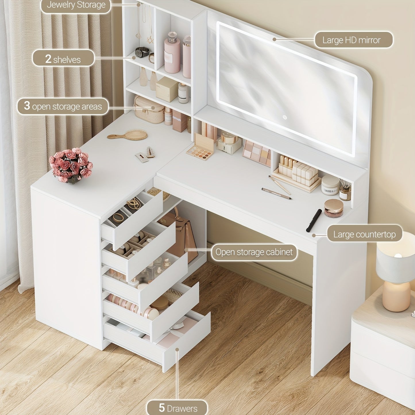 Kaptafel – Make-up Tafel – Vanity Table – Dresser Met Spiegel – Opbergtafel – L-vormige Hoekkaptafel – LED-verlichting – 5 Lades & 7 Open Vakken – Grote Spiegel – Wit
