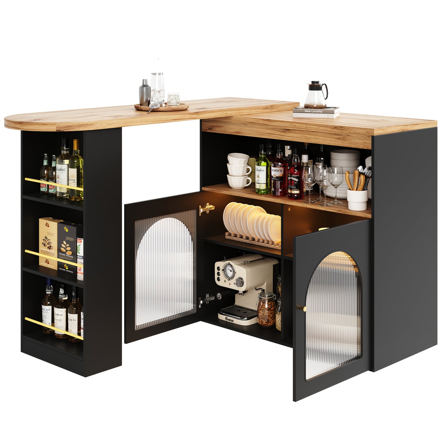 Modern Extendable Bar Table with Storage Shelves & Swivel Base - Adjustable Height 138-193cm, Space-Saving High Bistro/Dining Table for Home, Restaurant, Cafe - Heavy-Duty Metal Construction, Black (Easy Assembly Required), T