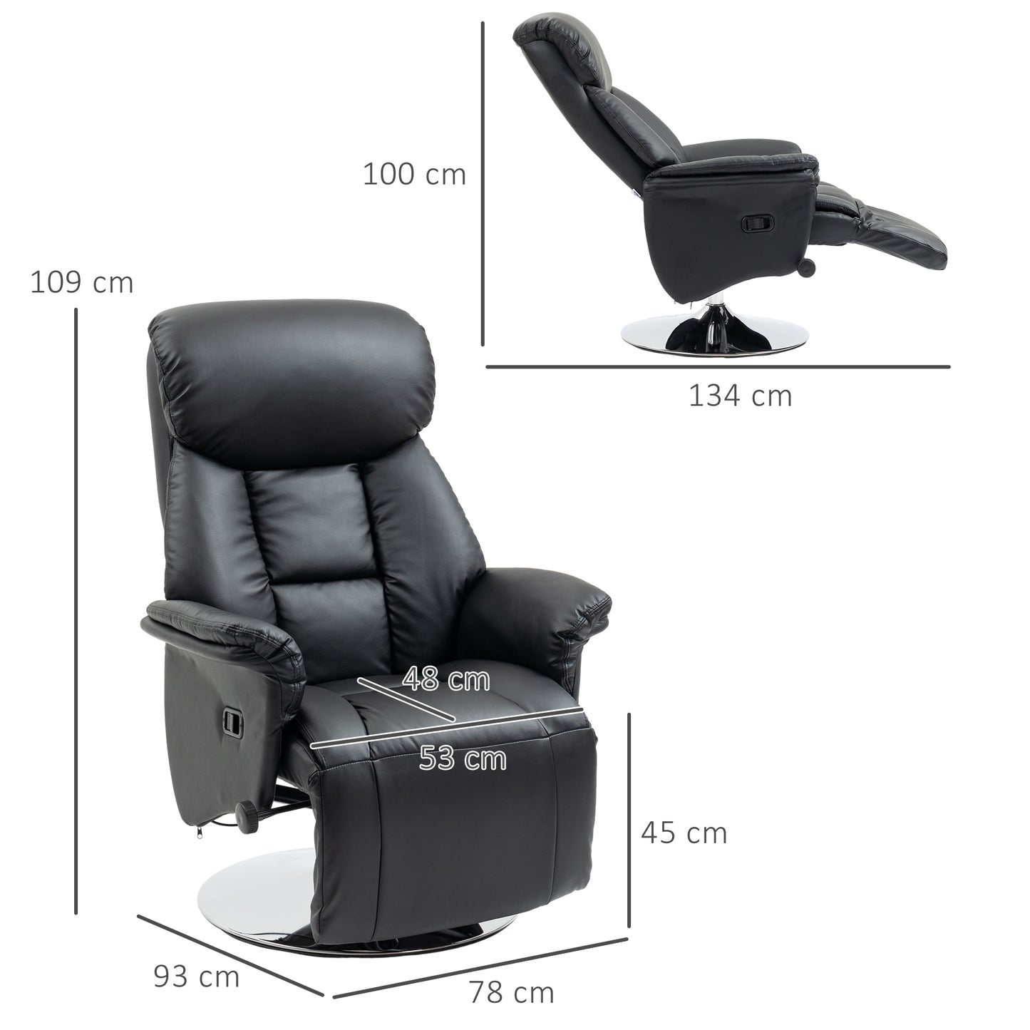 Relaxfauteuil – Relaxstoel – TV Stoel – Draaifauteuil – Zitstoel – Kunstleer – Draaibaar met Verstelbare Rugleuning – Voetensteun – Zwart – Max 150 kg - QUORE
