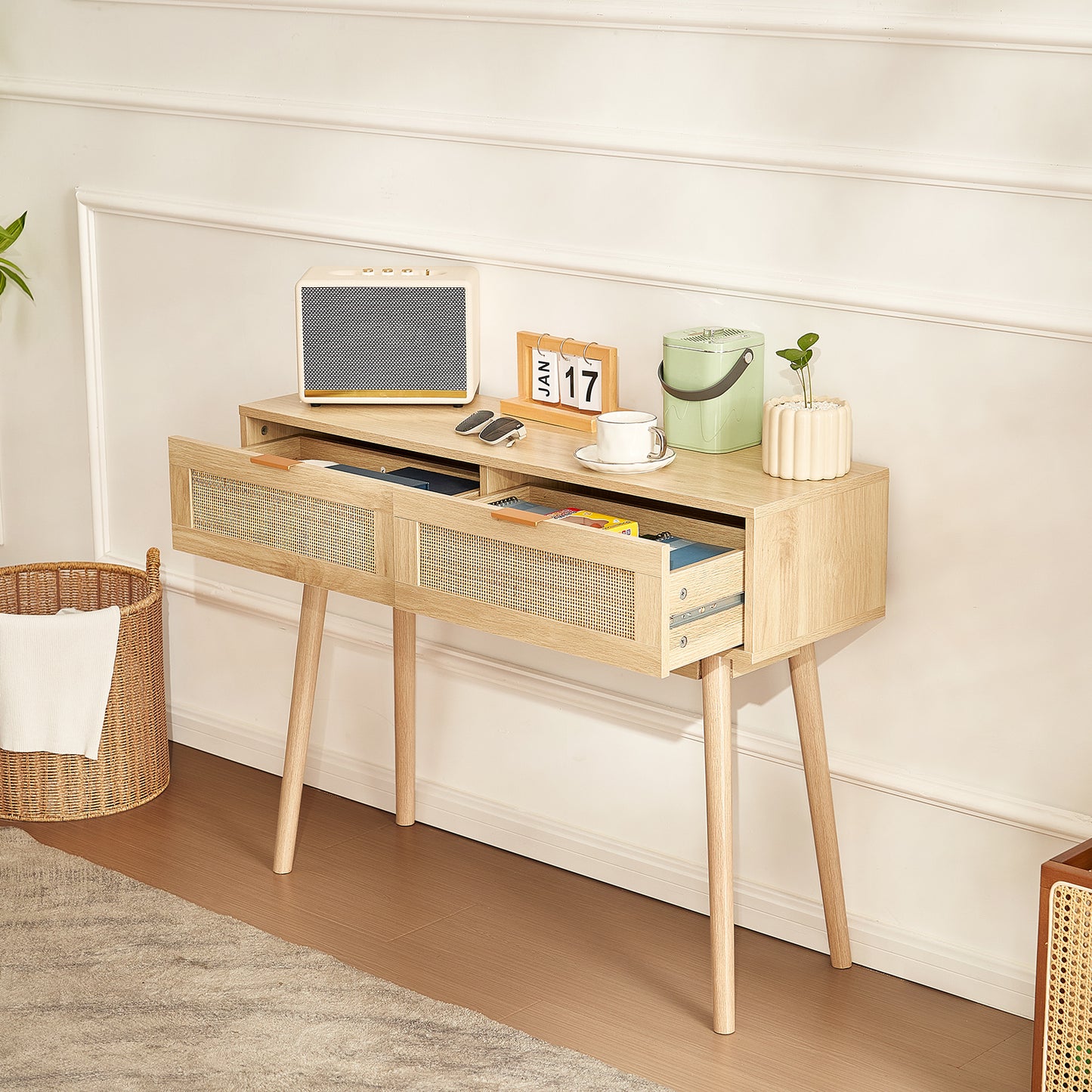 Sidetable – Wandtafel – Console – Haltafel – Bijzettafel – Natuurlijk Rattan – 2 Laden – Duurzaam MDF