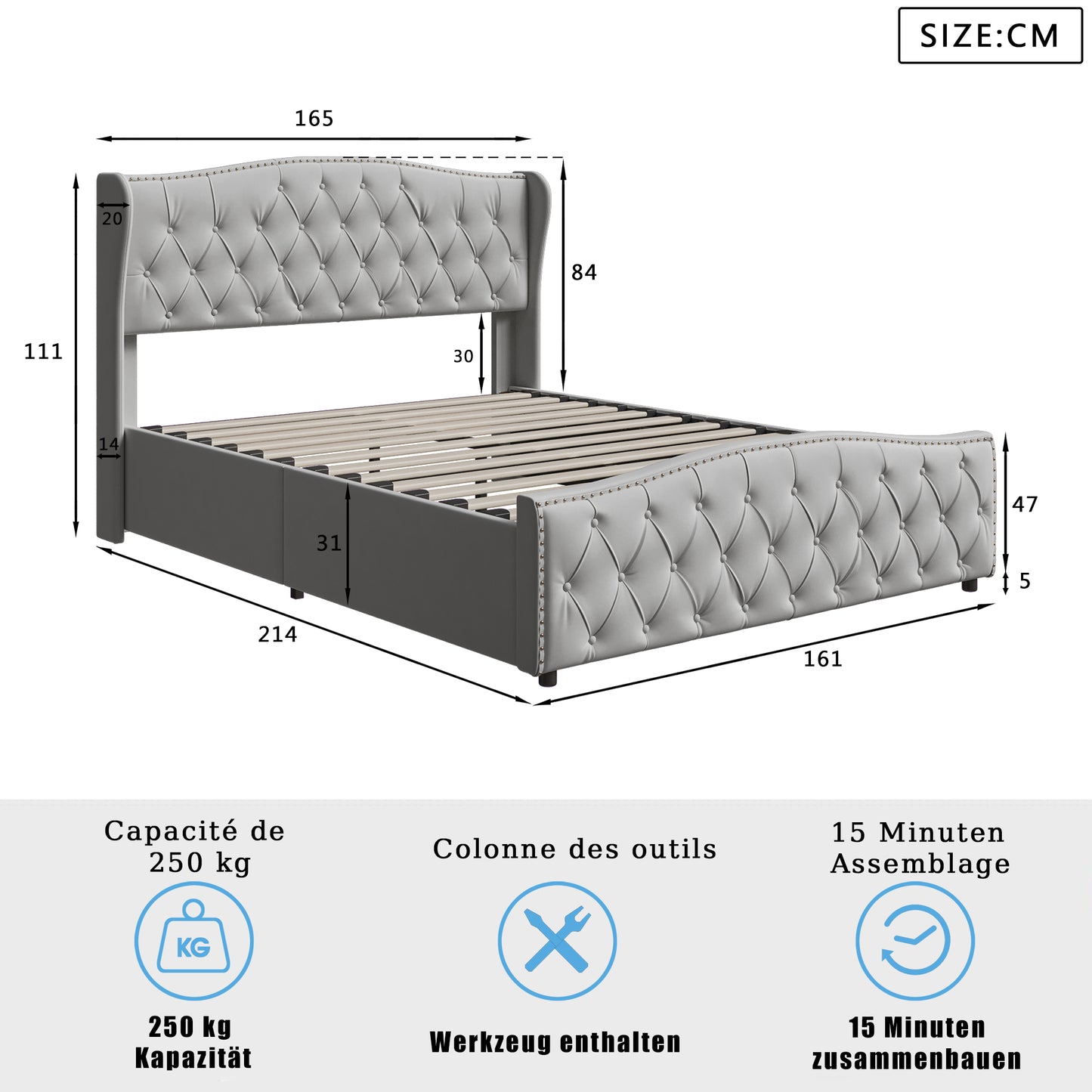 Tweepersoonsbed – Bed met Opbergruimte – Opbergbed – Boxspring – Staanderbed – Grijs 160x200 cm – Stevig MDF Frame – Luxe Fluwelen Bekleding