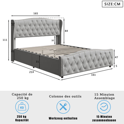 Tweepersoonsbed – Bed met Opbergruimte – Opbergbed – Boxspring – Staanderbed – Grijs 160x200 cm – Stevig MDF Frame – Luxe Fluwelen Bekleding