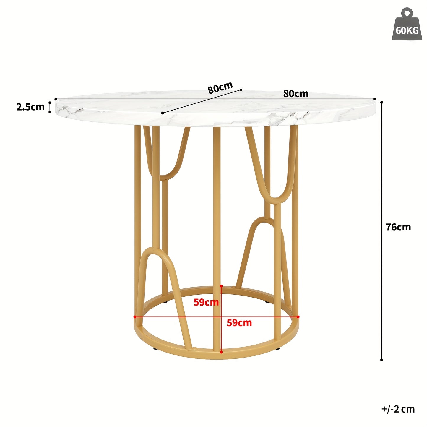 Ronde Eettafel – Ronde Tafel – Eetkamertafel – Salontafel – Bijzettafel – Wit Marmeren Blad – Gouden Poten – 80 cm Diameter – Geschikt Voor 4-6 Personen