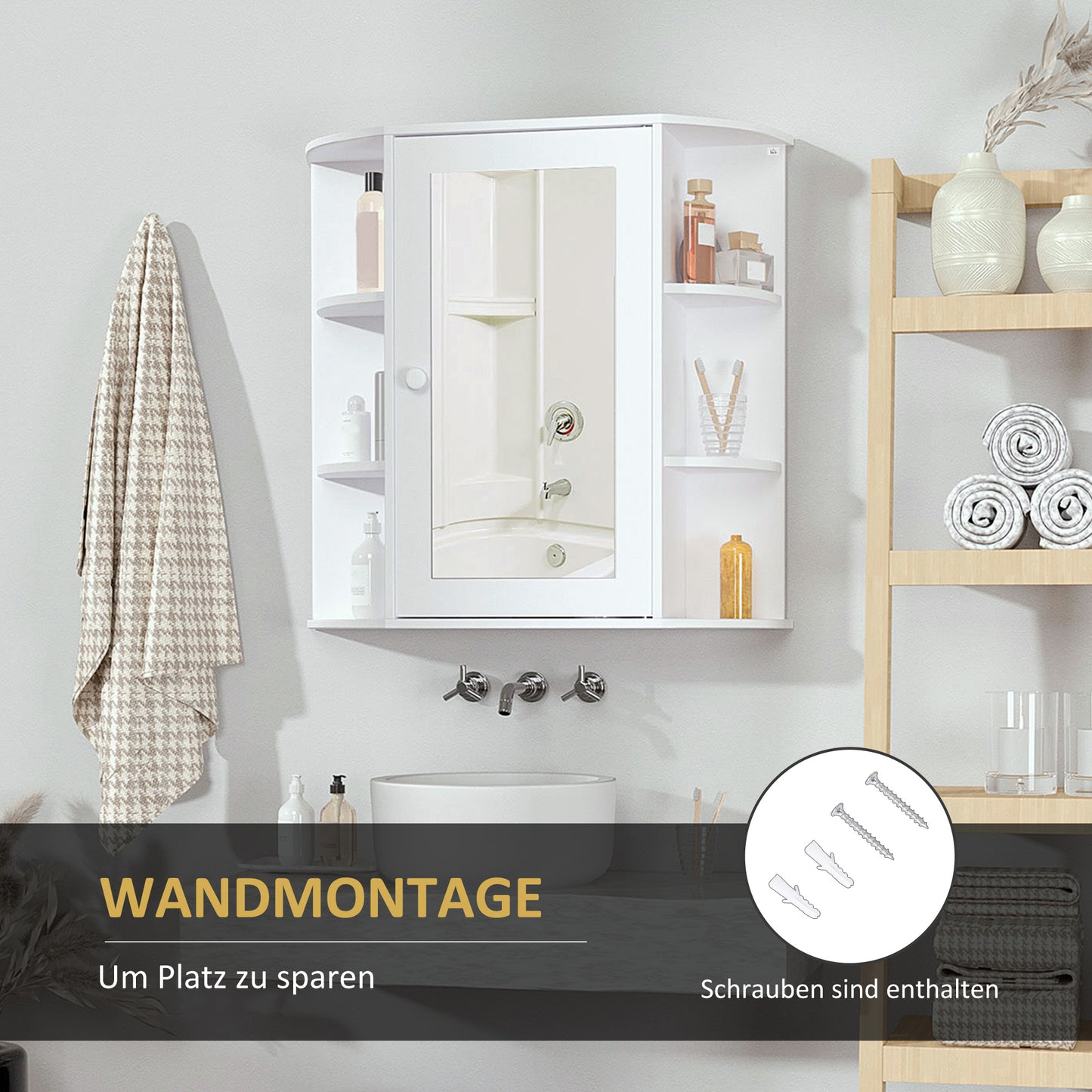 Badkamerspiegelkast – Badkamerkast – Spiegelkast – Medicijnkast – Opbergkast – 8 Compartimenten – Vochtbestendig MDF – 66 x 17 x 63 cm – Wit