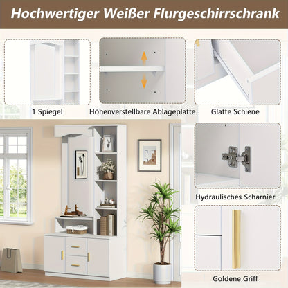 Multifunctional Entryway Cabinet with Storage Space, Shoe Cabinet, and Mirror | 2 Drawers and 2 Cabinets, Drawer Unit with Shelves, White, Floor Mount, Classic Style
