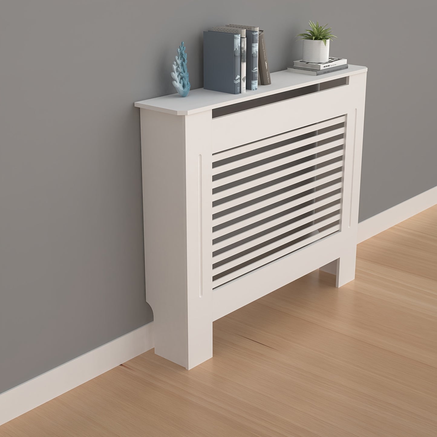 Radiatorombouw – Radiatorkast – Verwarmingsdeksel – Radiatorbekleding – Radiatorafdekking – Wit Houten Design – 100 cm Hoog – 3,2 Cu Ft Opbergruimte – Ventilerend Lamellenpatroon