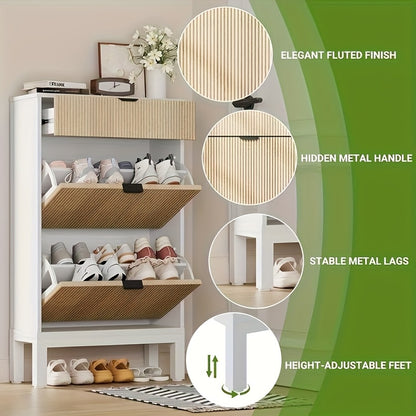 Shoe Storage Cabinet with 2 Flip Drawers And A Drawer, Entryway Cabinet with Adjustable Shelves, Can Accommodate 12 to 20, Space-Saving Narrow Shoe Rack for Entryway, Hallway, Front Door