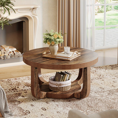 Ronde Salontafel – Moderne Koffietafel – Bijzettafel – Woonkamer Tafel – Opbergtafel – 2-Laags Ontwerp – Stevig Massief Hout