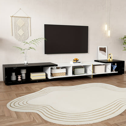 TV-meubel – TV-kast – Media Meubel – TV-standaard – Tv-dressoir – Verstelbare Lengte 140-260 cm – Draaifunctie – Mat Wit Hoogglans Met Zwart Marmerlook en Gouden Accenten