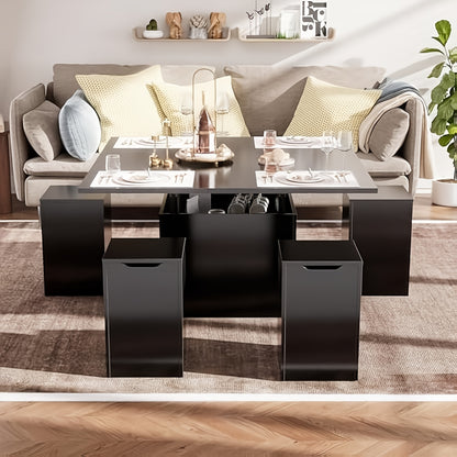 Salontafel – Multifunctionele Tafel – Uitklapbare Tafel – Eettafel – Bijzettafel – Verstelbare Hoogte – Inclusief 4 Opbergkrukken Zwart