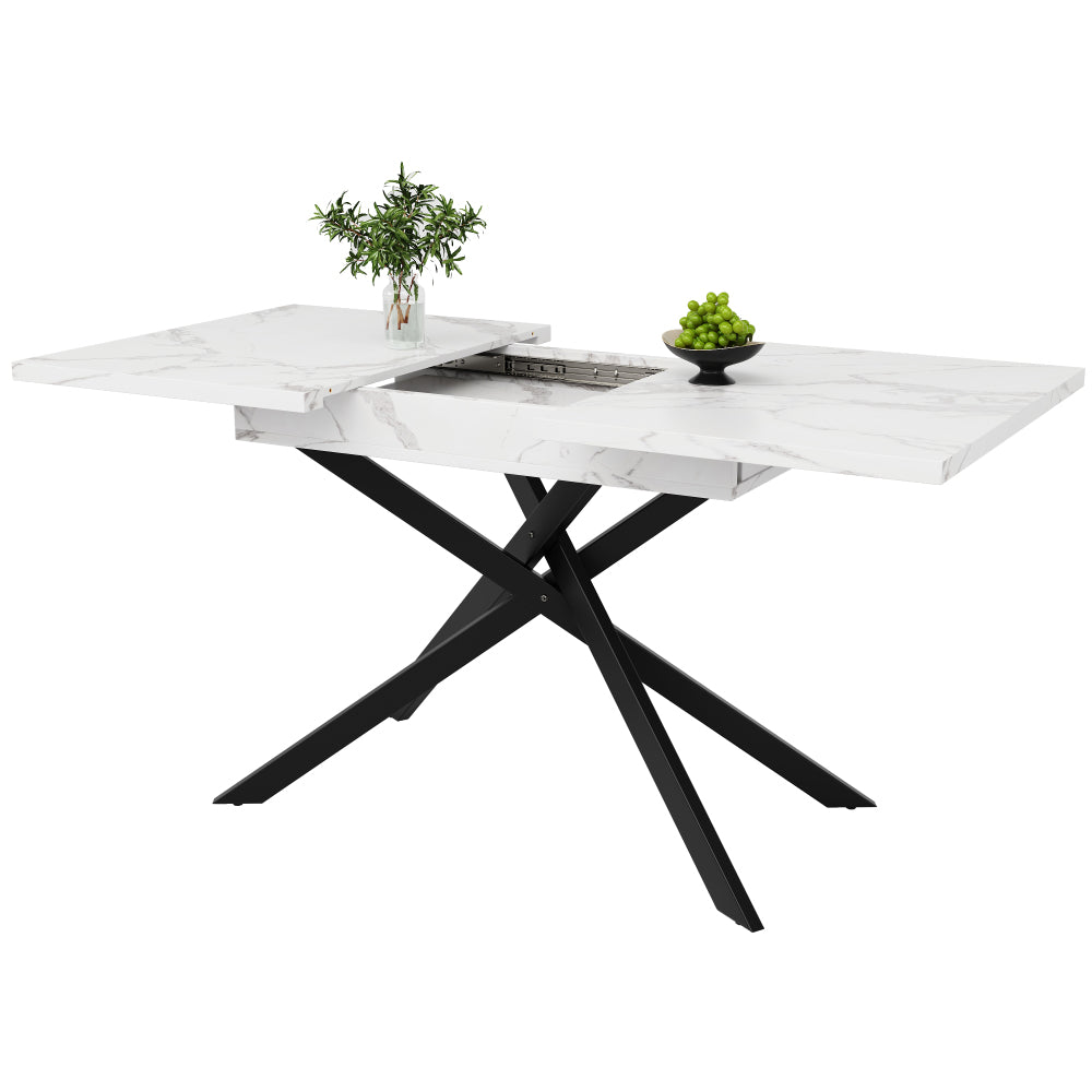 Uitschuiftafel – Inklaptafel – Klaptafel – Vouwtafel – Eettafel – Verstelbaar 120-160 cm – Wit Marmerlook – Zwarte Kruisframe Poten