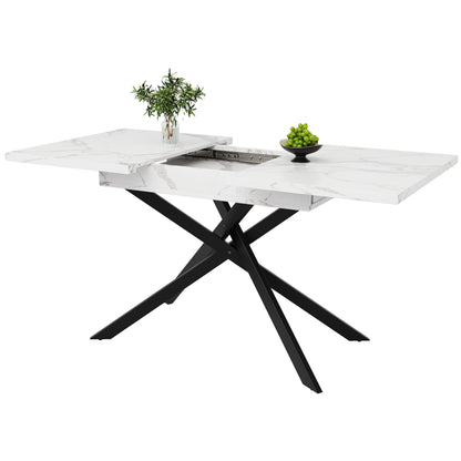 Uitschuiftafel – Inklaptafel – Klaptafel – Vouwtafel – Eettafel – Verstelbaar 120-160 cm – Wit Marmerlook – Zwarte Kruisframe Poten