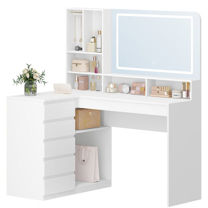 Kaptafel – Make-up Tafel – Vanity Table – Dresser Met Spiegel – Opbergtafel – L-vormige Hoekkaptafel – LED-verlichting – 5 Lades & 7 Open Vakken – Grote Spiegel – Wit