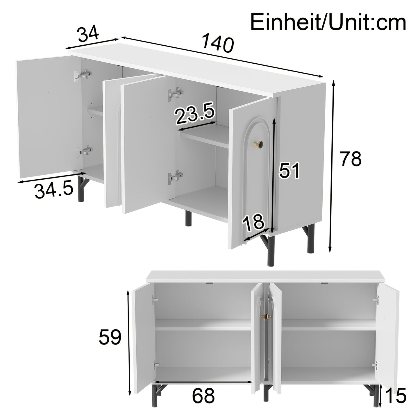 Dressoir – Sideboard – Opbergkast – Kast – Meubel – Wit – 140 cm – Modern Design Met 3D Gebogen Panelen – Verstelbare Planken