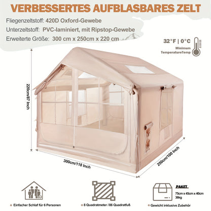 Opblaastent – Opblaasbare Tent – Familietent – Kampeertent – Tunneltent – Ruim 6-10 Persoons – Stevig Oxford Doek – Ventilatie & Muskietengaas