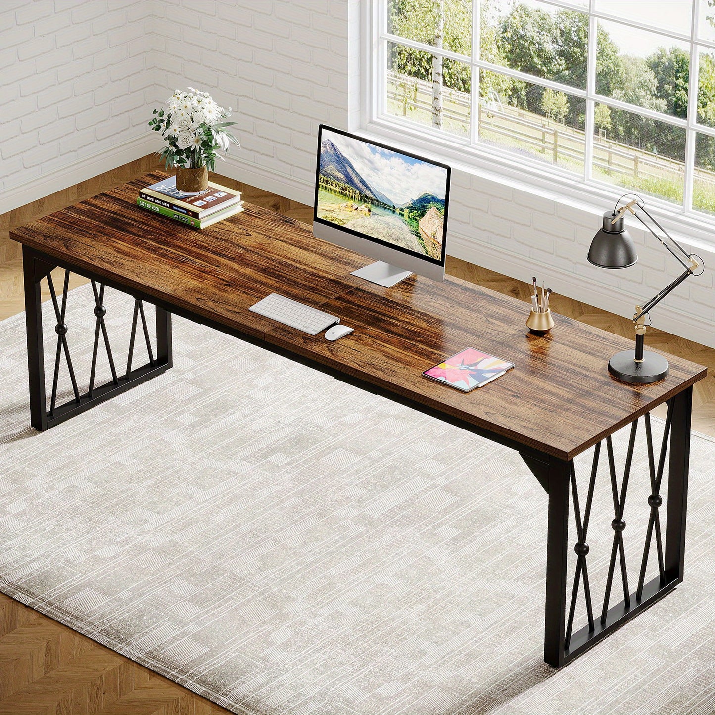 Bureau – Bureaumeubel – Schrijftafel – Werktafel – Computertafel – Verstelbaar In Hoogte – Stevig Met Bruin Gelamineerd Houtblad En Zwart Metalen Frame – 198 cm Lang