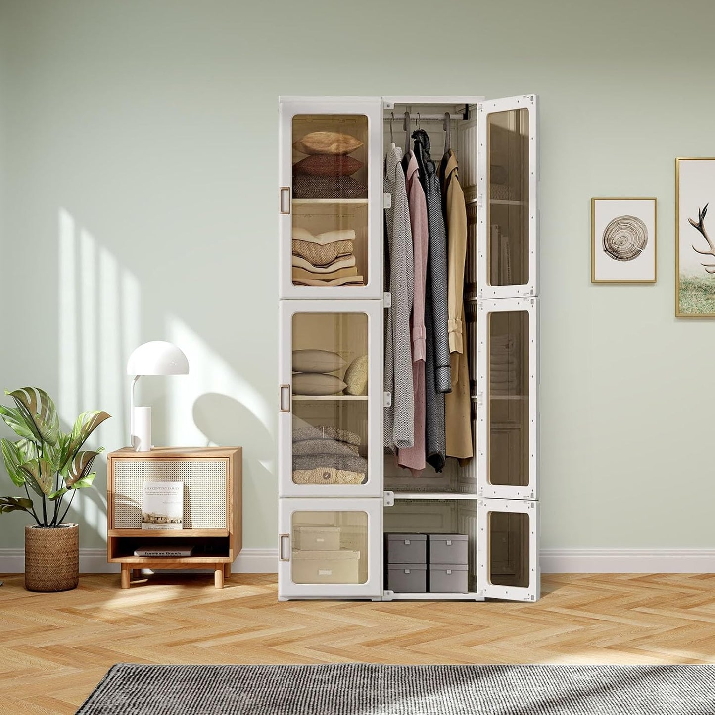Opbergkast Kleding – Garderobekast – Kledingkast Organizer – Opberger – Garderobe – Vouwbaar En Inclusief Kledingstang – Transparante Deuren