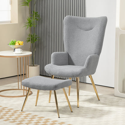 Fauteuil – Lounge Chair – Leunstoel – Relaxstoel – Zitstoel – Met Voetenbank – Ergonomische Hoog Rugleuning – Goudkleurige Metalen Pootjes – Grijs Stof – Modern Design