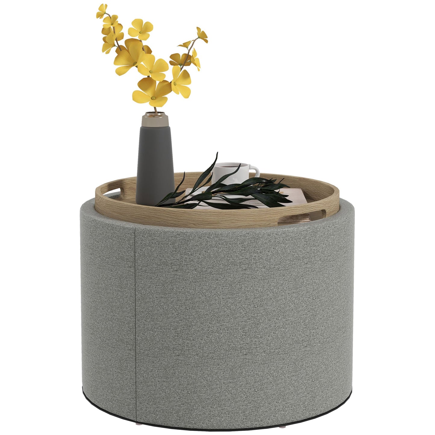 Poef – Ottoman – Zitzak – Hocker – Kruk – Met Opbergruimte – Omkeerbaar Deksel – Linnen Bekleding – 56x56x42 cm – Grijs Met Houten Pootjes