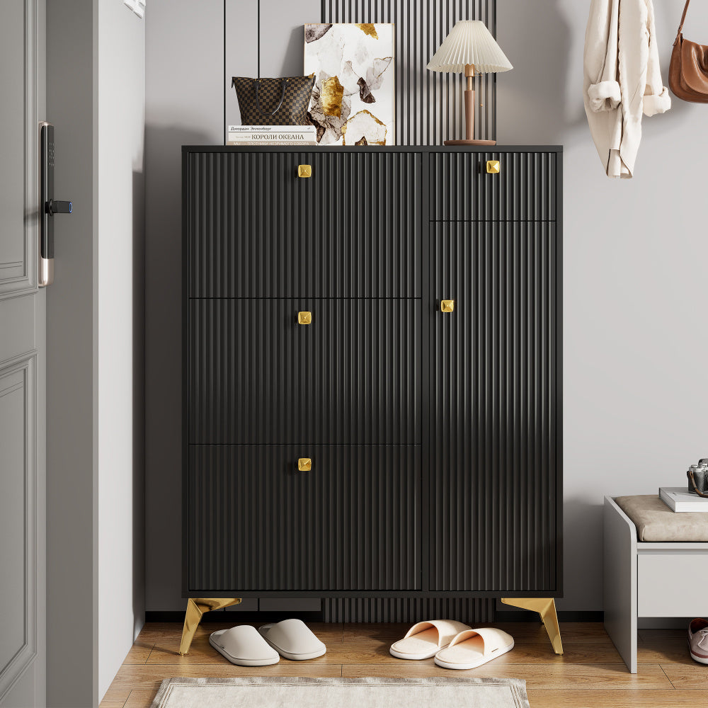 Schoenenkast – Schoenenrek – Schoenenopberger – Halbank – Opbergkast – Ruimtebesparend – Kunststof Zwart – 121x90x25 cm – Smal Modern Design