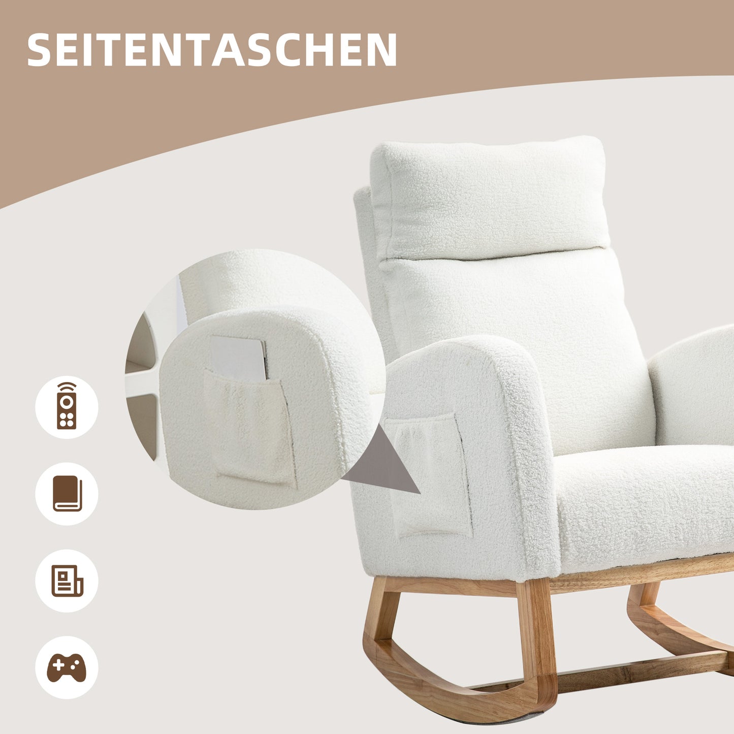 Draaifauteuil – Relaxfauteuil – Zwarte Fauteuil – Schommelstoel – Lounge Stoel – Crèmekleurig – Houten Frame – Dikke Padding – Max 120 kg Belastbaar