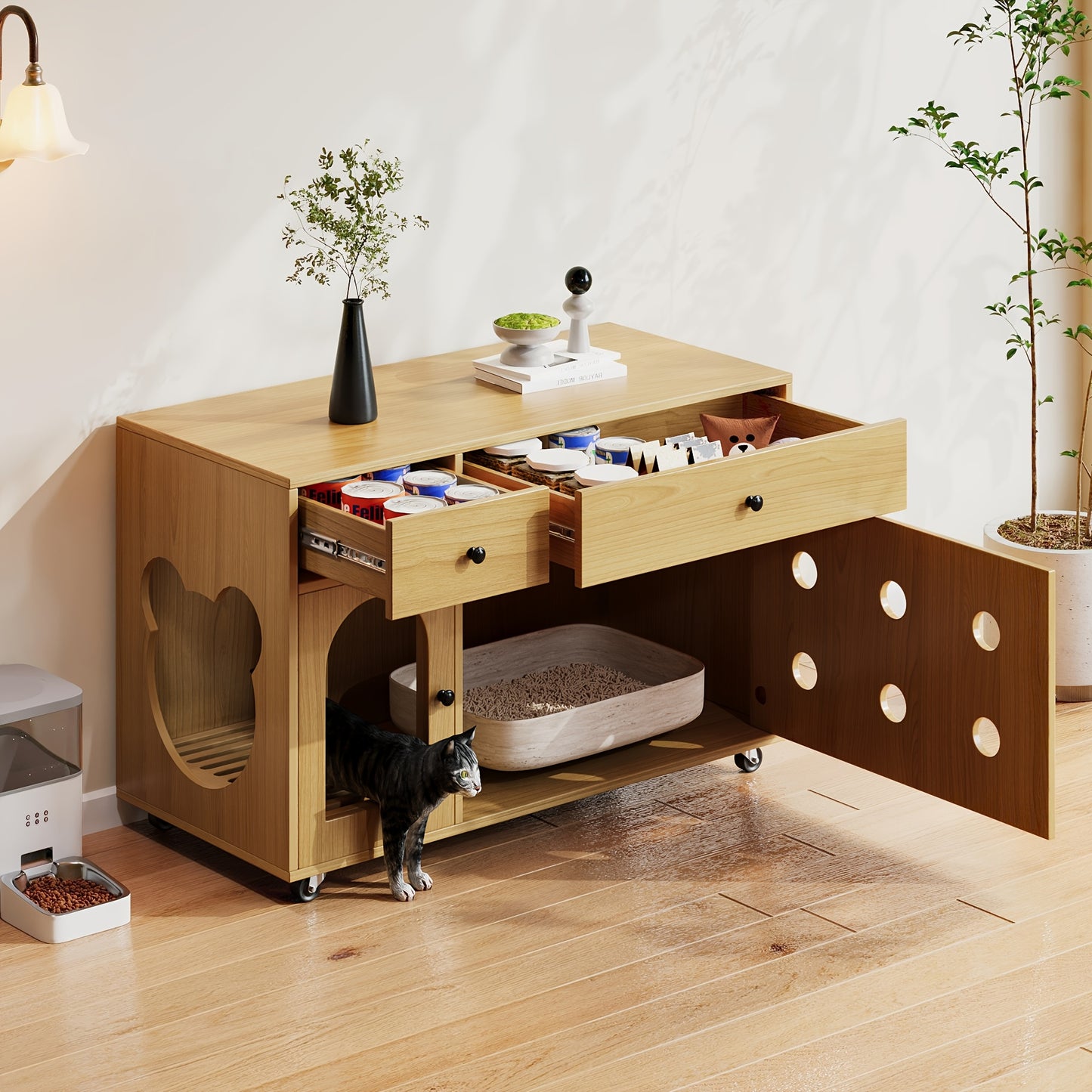 Rustieke Wicker Bijzettafel – Sidetable – Opbergtafel – Kattenhuis – Dressoir – Compact Ontwerp – Uitneembare Kattenbaklade – Duurzaam Rattan – Kaki Variant