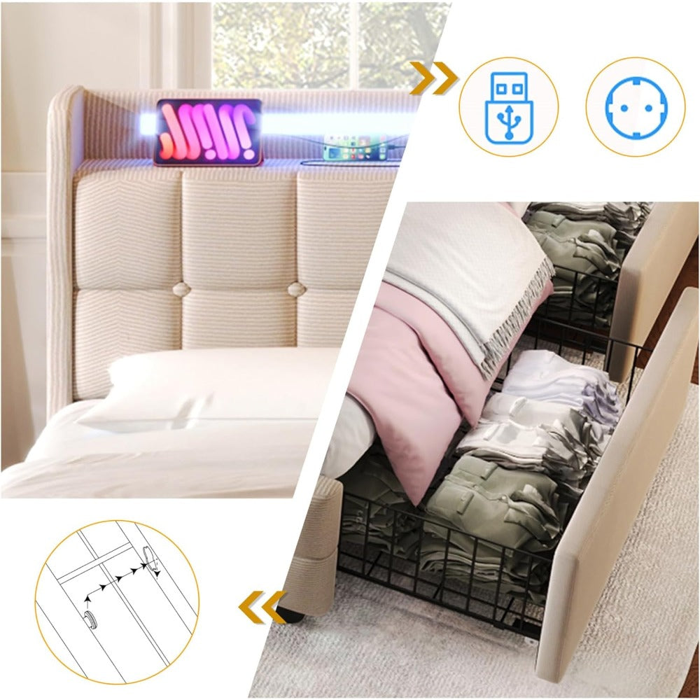 Tweepersoonsbed – Opbergbed – Gestoffeerd Bed – Bed 160x200 – Slaapbed – Met LED Verlichting – 4 Lades – USB Oplader – Houten Frame – Beige