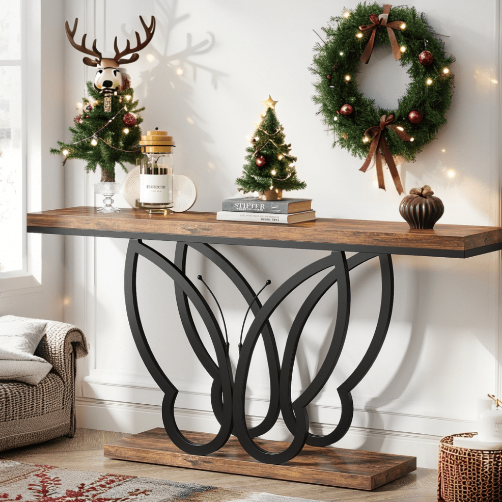 Sofa Tafel – Sidetable – Console Tafel – Haltafel – Smalle Tafel – 55 Inch Modern Farmhouse Design – Bruin Houten Blad Met Zwart Metalen Frame