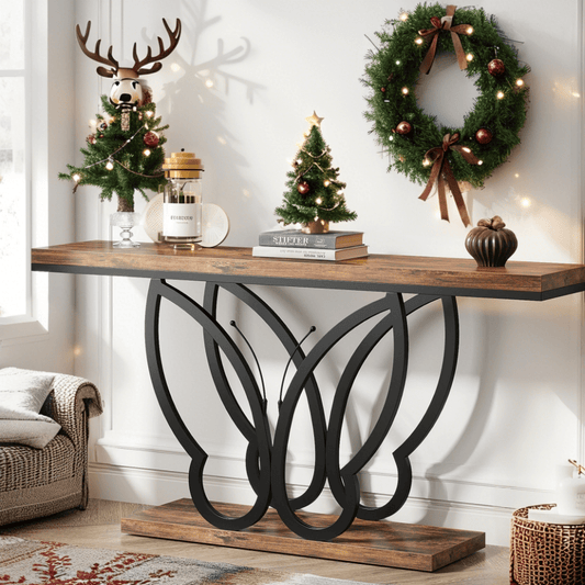 Sofa Tafel – Sidetable – Console Tafel – Haltafel – Smalle Tafel – 55 Inch Modern Farmhouse Design – Bruin Houten Blad Met Zwart Metalen Frame