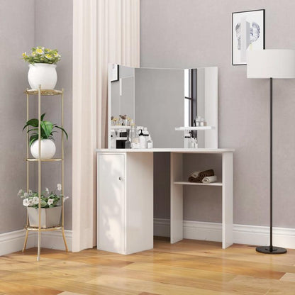 White Modern Corner Makeup Vanity Table with Oak Veneer - Space-Saving Curved Design, Easy Assembly, 3.2 Cu Ft, Low-Profile Height (<68.58cm) Freestanding Dressing Table for Small Bedrooms & Dressing Rooms (Engineered Wood)