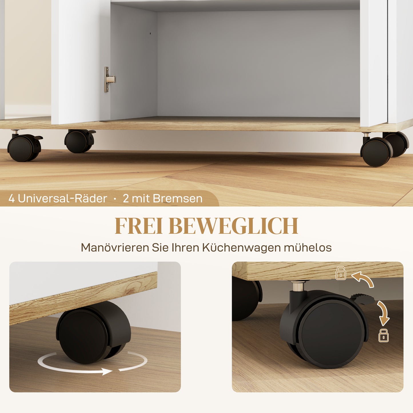 Serveerwagen – Keukentrolley – Keukenwagen – Serveerkar – Roltafel – Verstelbare Planken – 80x40x82 cm – Naturel Hout & Wit