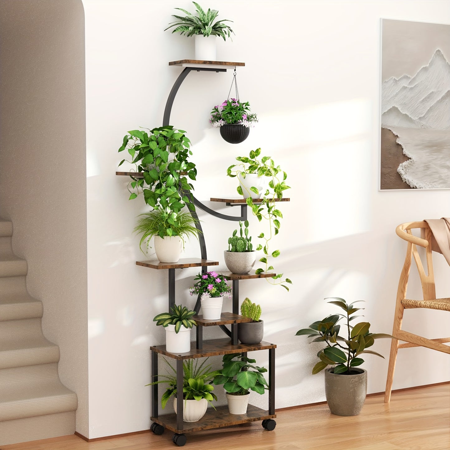 Ladderrek – Boekenkast – Wandrek – Opbergrek – Handdoekrek – 8-laags – Zwart Metaal Met Houten Planken – S-vormig Design 158 cm Hoog