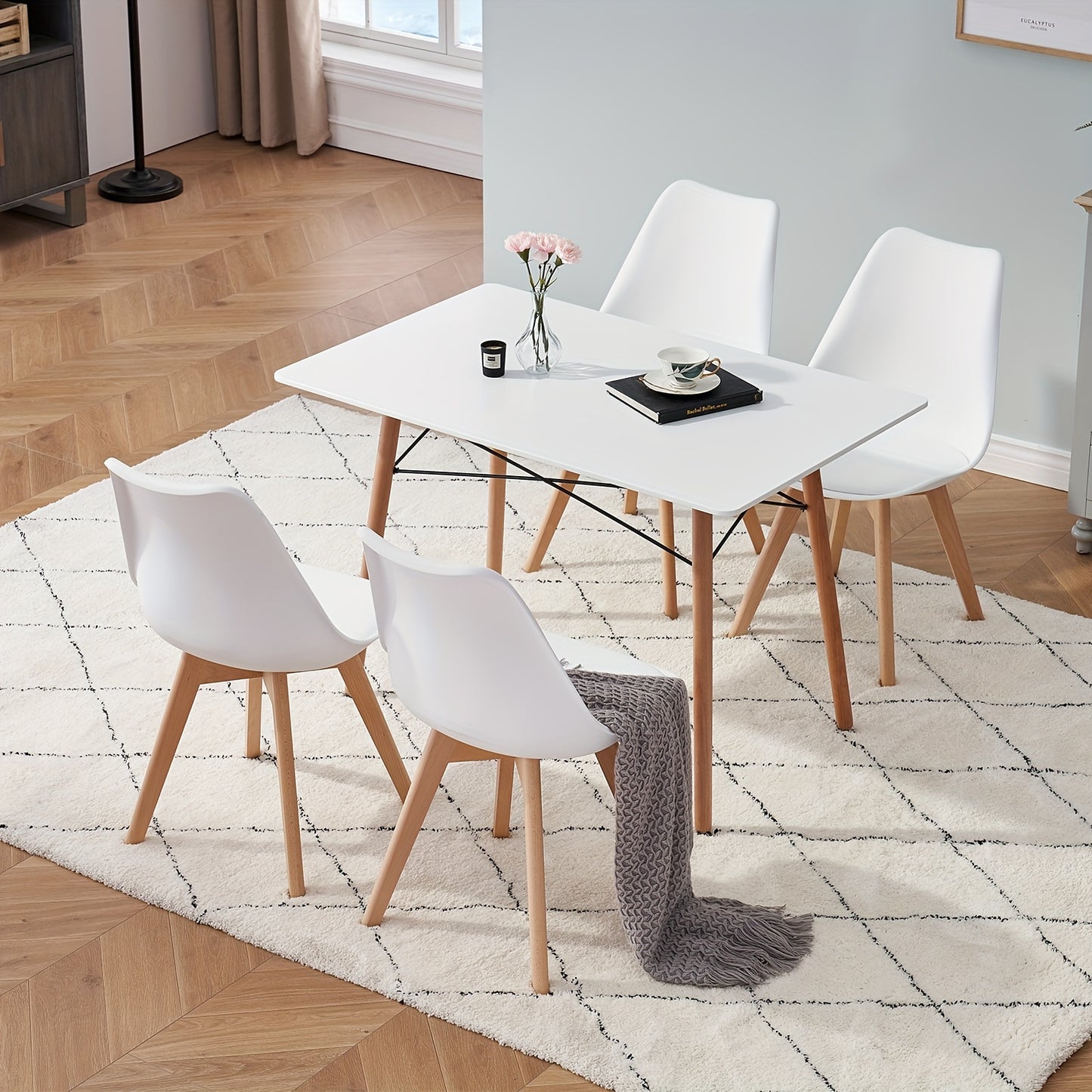 Eetkamerstoel – Stoel – Kuipstoel – Keukenstoel – Eettafelstoel – Set van 6 – Wit PU-leer – Massief Houten Poten – Ergonomisch Schuimkussen – Duurzaam Kunststof Frame – Gemakkelijk Schoon te Maken