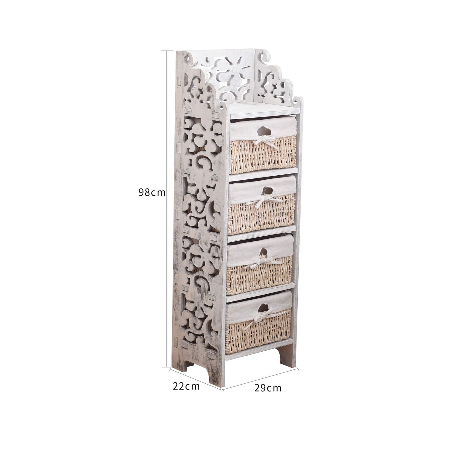 Nachtkastje – Bijzettafel – Ladekast – Opbergkastje – Kabinet – Shabby Vintage Wit – 4 Lades Met Rotan – Hout 98x29x22 cm