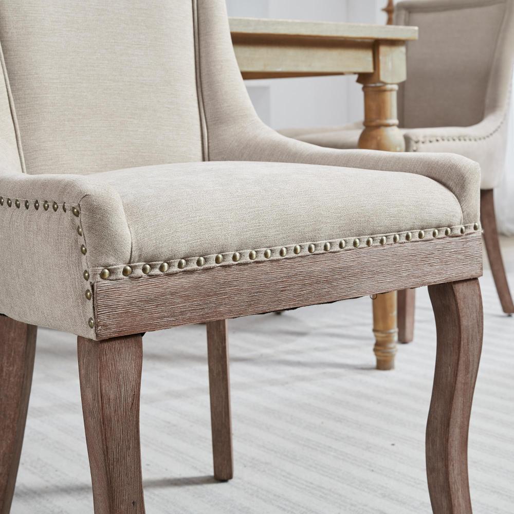 Eetkamerstoel – Stoel – Dining Chair – Zitstoel – Eetkamerstoel Set – Beige Kleur – Dikke Stoffen Zitting – Bronze Spijkerband Afwerking