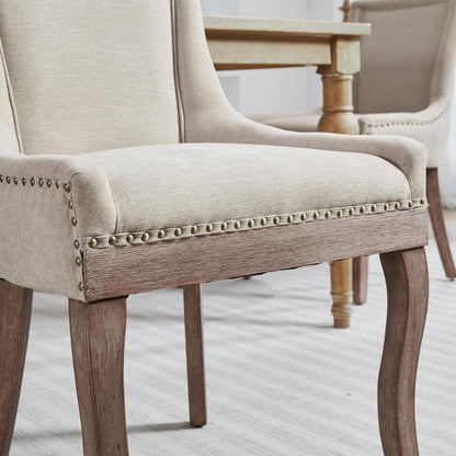 Eetkamerstoel – Stoel – Dining Chair – Zitstoel – Eetkamerstoel Set – Beige Kleur – Dikke Stoffen Zitting – Bronze Spijkerband Afwerking