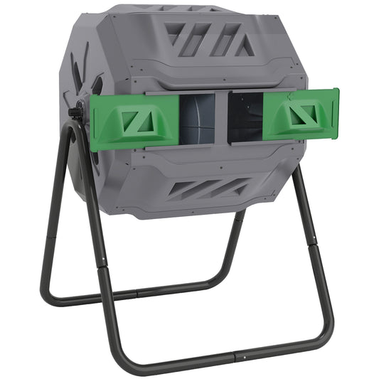Compostbak – Compostcontainer – Compostton – Compostvat – Composteerbak – 2-Kamer Systeem – 160L Capaciteit – Draaibare Trommel – Grijs Groen Zwart