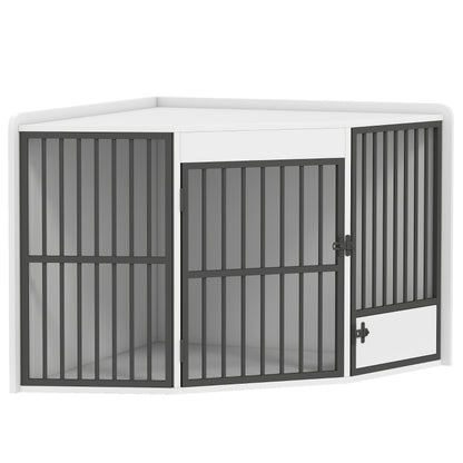 Hondenbench – Kennel – Hondenkooi – Hondenren – Huisdierbench – Wit – Ruimtebesparend Hoekontwerp – Met Draaideur Voederopening