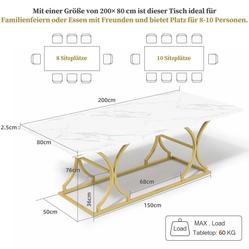 Eettafel – Dinertafel – Tafel – Keukentafel – Eetkamertafel – Extra Lang 200x80 cm – Marmerlook Blad 2,5 cm – Gouden Metalen Poten