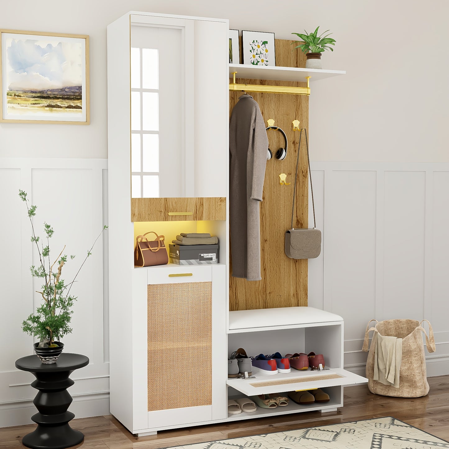Kledingkast met Kaptafel – Garderobekast – Spiegelkast – Opbergkast – Schoenenkast – Wit – Bamboe Materiaal – 6 Gouden Kapstokken – Ruime Spiegel & Zithoek