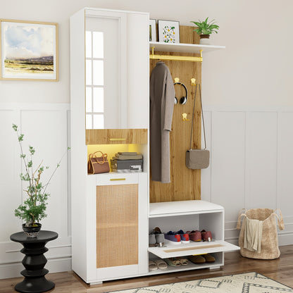 Kledingkast met Kaptafel – Garderobekast – Spiegelkast – Opbergkast – Schoenenkast – Wit – Bamboe Materiaal – 6 Gouden Kapstokken – Ruime Spiegel & Zithoek
