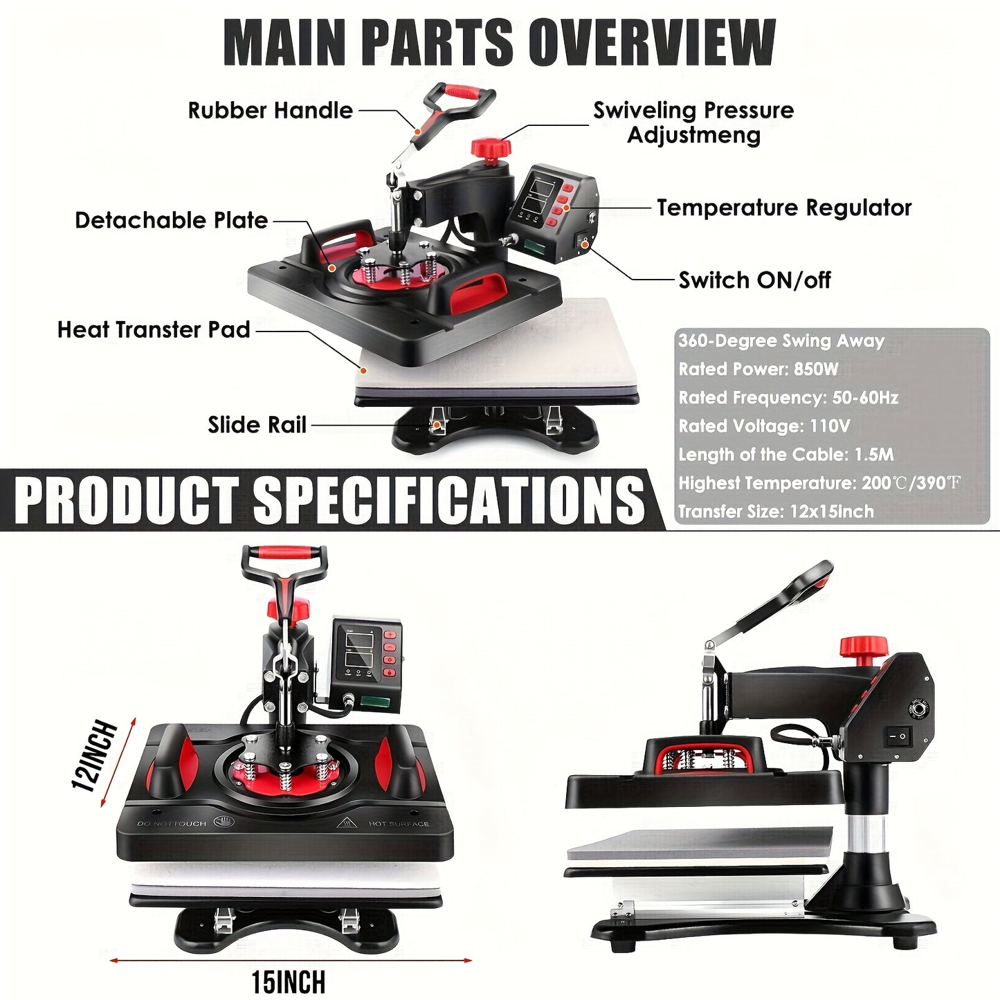 Hittepers – Transferpers – Sublimatiepers – Warmtepers – 8-in-1 Multifunctioneel – 360° Draaibare Arm – Digitale Temperatuur & Timer – 30x38 cm Persvlak