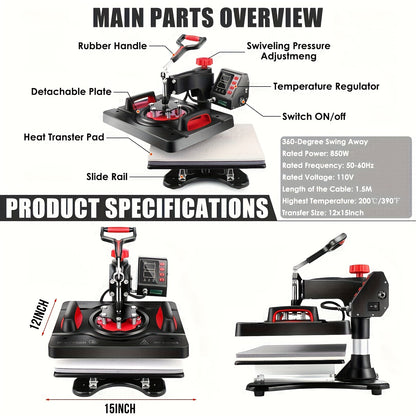 Hittepers – Transferpers – Sublimatiepers – Warmtepers – 8-in-1 Multifunctioneel – 360° Draaibare Arm – Digitale Temperatuur & Timer – 30x38 cm Persvlak