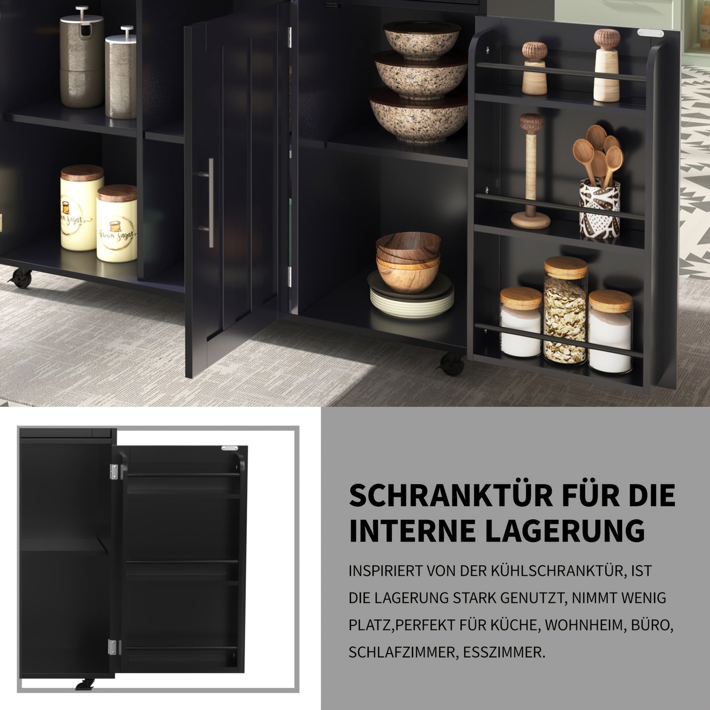 Dressoir – Sideboard – Opbergkast – Ladekast – Kastenmeubel – Zwart – Massief Houten Blad – Inklapbare Werkbank – Wieltjes – 129x46x91,5 cm
